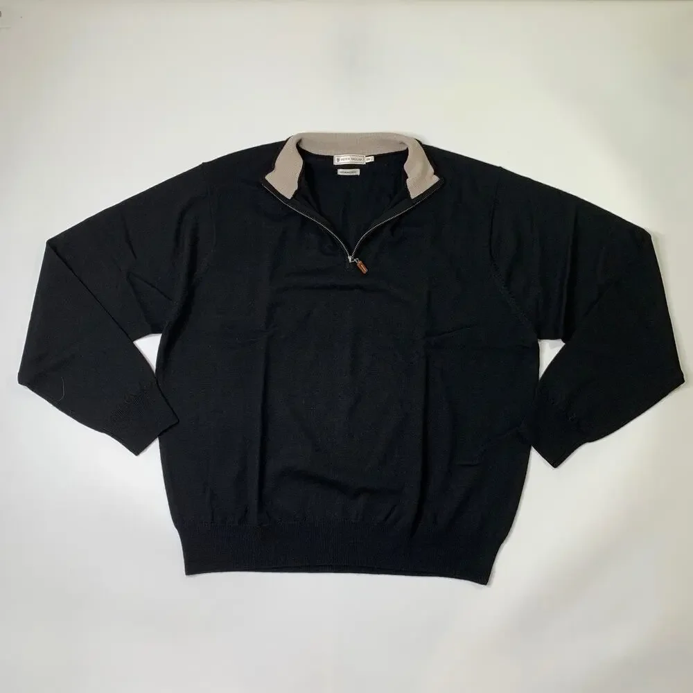 Peter Millar Sweater Mens 2XL Black Merino Wool 1/4 Zip Knitted Pullover Golf
